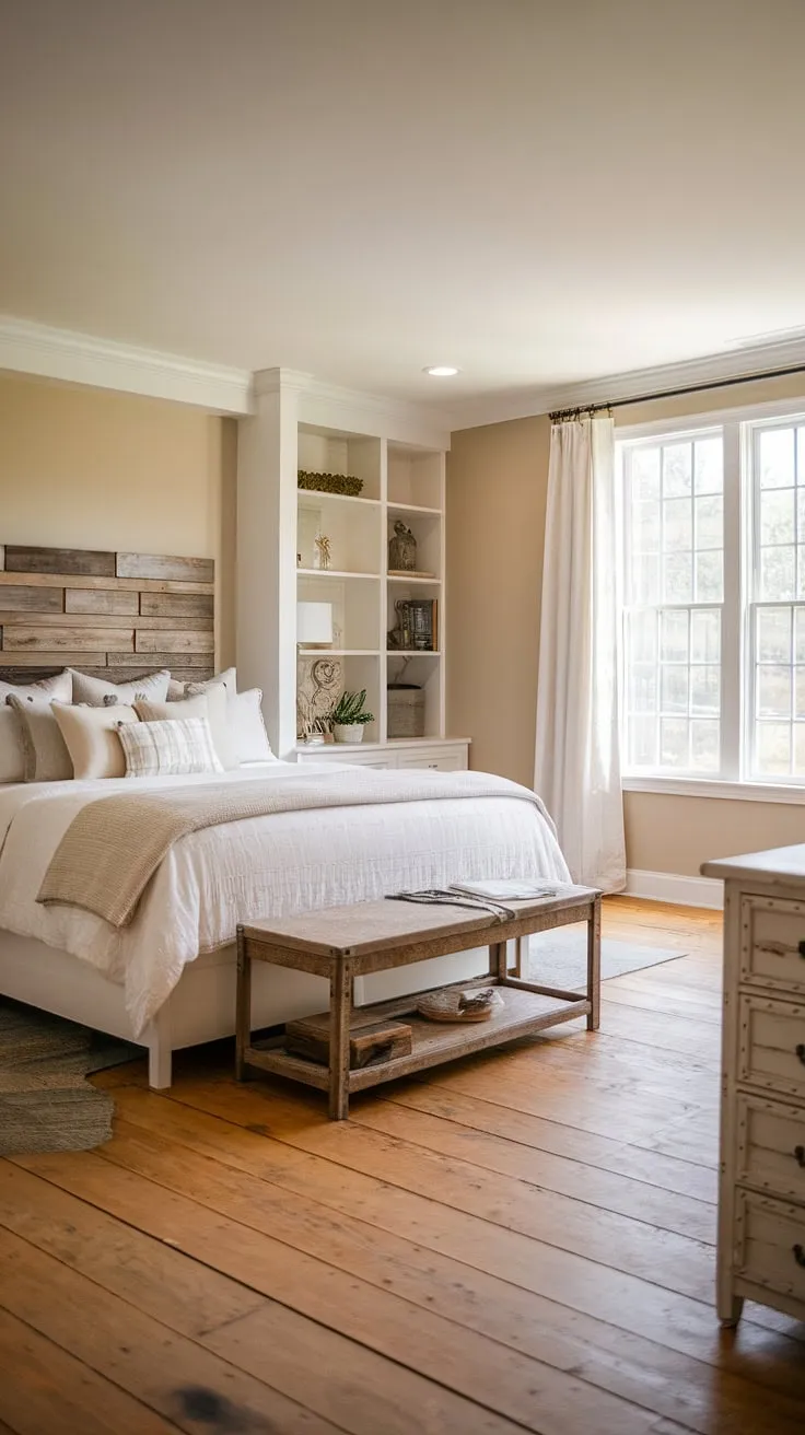 Wake up to the serene beauty of this modern farmhouse master bedroom. The rustic wood headboard and built-in shelving offer both style and practicality, creating a calming sanctuary where comfort meets design. A perfect blend of rustic charm and modern elegance.