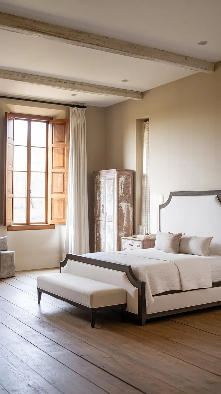 This master bedroom effortlessly blends modern farmhouse aesthetics with a touch of rustic charm. The king-sized bed, complemented by a matching nightstand and distressed wooden cabinet, sits beautifully against the backdrop of beige walls and wide plank wood floors. Natural light streams in through the large window, creating a peaceful and calming atmosphere.