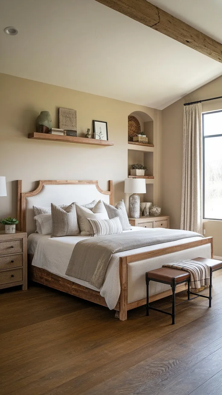Wake up to the serene beauty of this modern farmhouse master bedroom. The rustic wooden bed frame, paired with the calming beige walls and soft natural light streaming through the large window, creates a sanctuary of comfort and style. A perfect blend of rustic charm and contemporary elegance.
