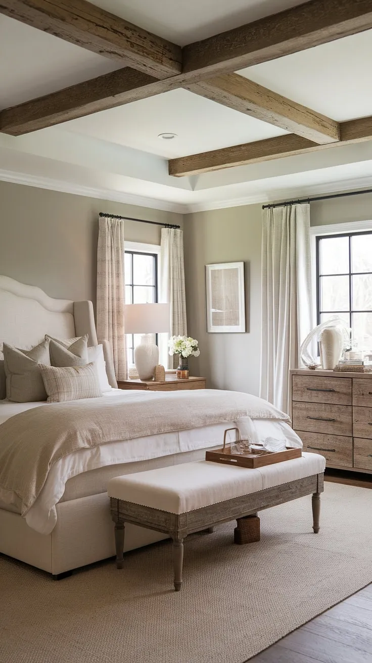 Wake up to the serene charm of this modern farmhouse master bedroom. The exposed wooden beams and rustic dresser add warmth to the light gray walls, creating a space that's both elegant and inviting. A perfect blend of rustic and modern, it's the ideal sanctuary for restful nights and peaceful mornings. A calming retreat awaits.