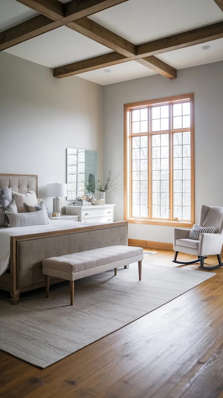 This master bedroom is a sanctuary of calm. The grey walls and wooden floors create a neutral backdrop for the rustic wooden bed frame and white dresser, offering a sophisticated yet inviting atmosphere. A perfect place to unwind and recharge after a long day.
