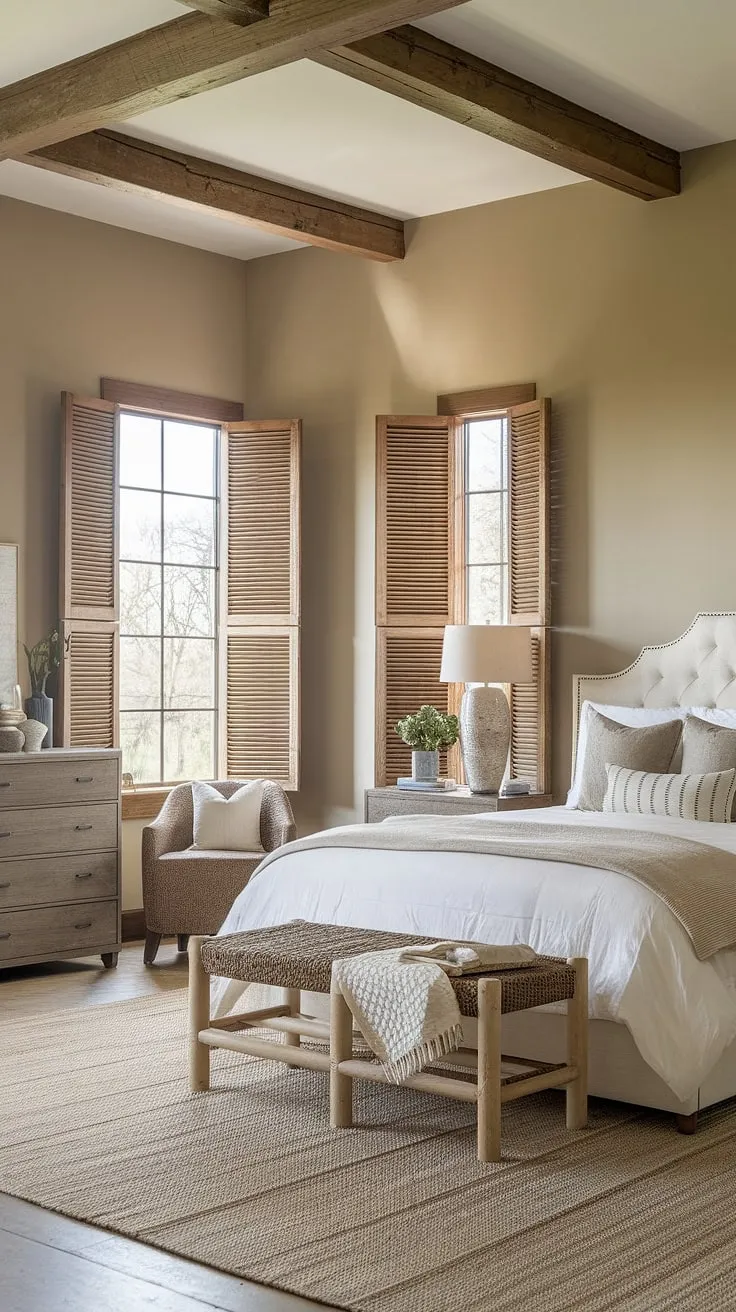 This master bedroom effortlessly blends modern farmhouse style with rustic details. The soft beige walls, exposed wooden beams, and a plush white bed create a calming atmosphere. A cozy reading nook and woven rug add texture and warmth, while the large window with wooden shutters lets in plenty of natural light. A perfect blend of comfort and style.