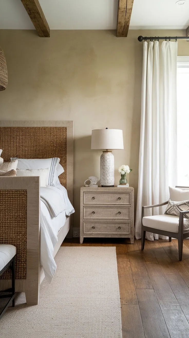 Wake up to the serene calm of this modern farmhouse master bedroom. The woven headboard and rustic accents create a cozy atmosphere, perfectly complemented by the warm light and airy feel of the space. A perfect blend of comfort and style.