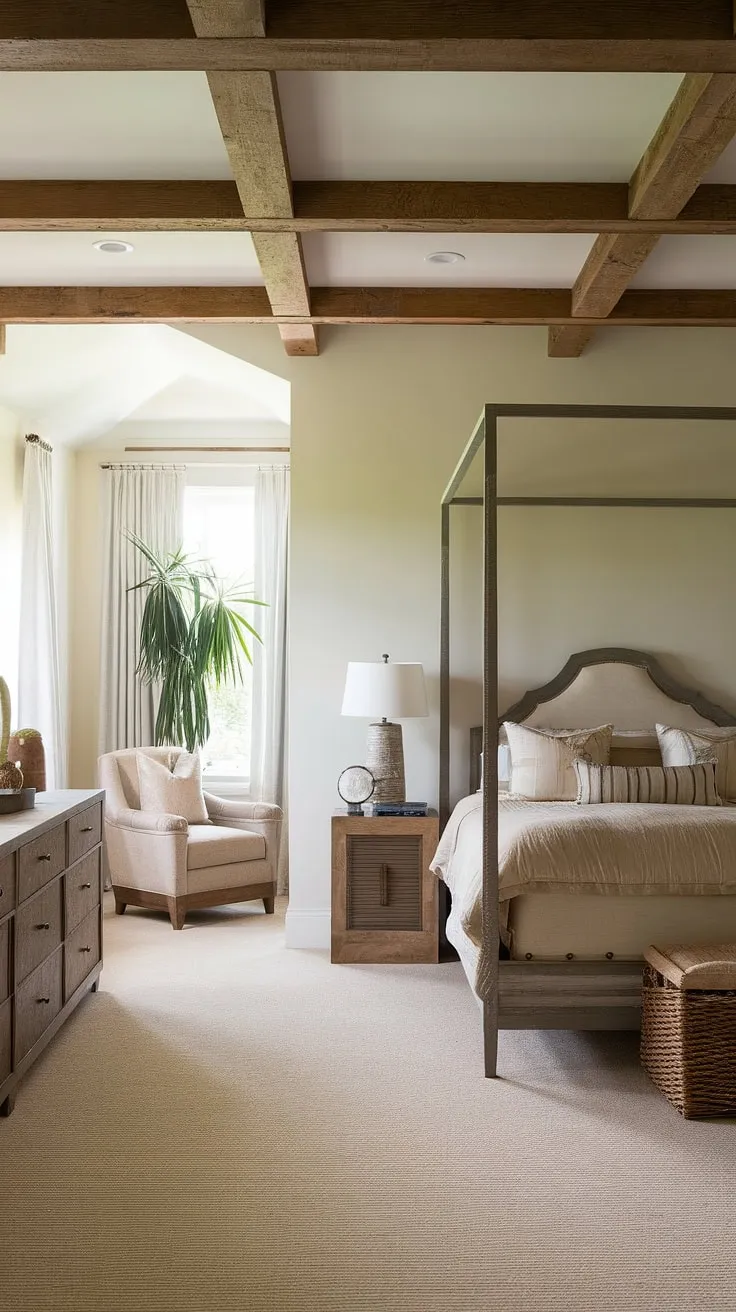 Wake up to the calming embrace of this modern farmhouse master bedroom. The rustic wooden beams overhead and the natural textures throughout create a sanctuary of peace and tranquility, perfect for unwinding after a long day. A comfortable reading chair and lush greenery add to the inviting atmosphere.