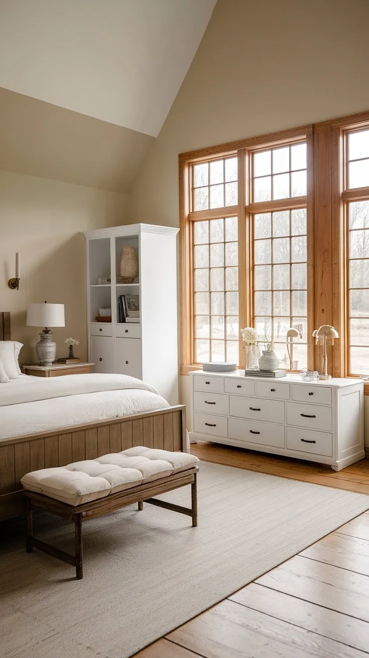 Sunlight dances across the warm wood floors of this tranquil master suite. The combination of a rustic wooden bed, a sleek white dresser, and soft beige walls creates a sophisticated yet cozy atmosphere, perfect for unwinding after a long day. A sanctuary of peace and quiet.
