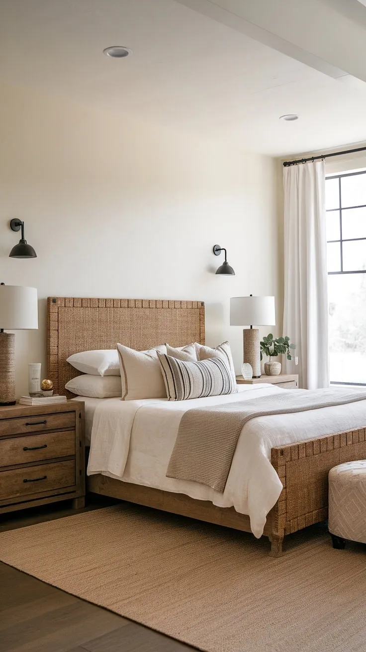 Sunlight streams through the window, illuminating the cozy details of this master bedroom. A blend of modern and rustic elements, from the woven headboard to the simple wooden nightstands, creates a space that feels both stylish and inviting. A haven of peace and quiet.