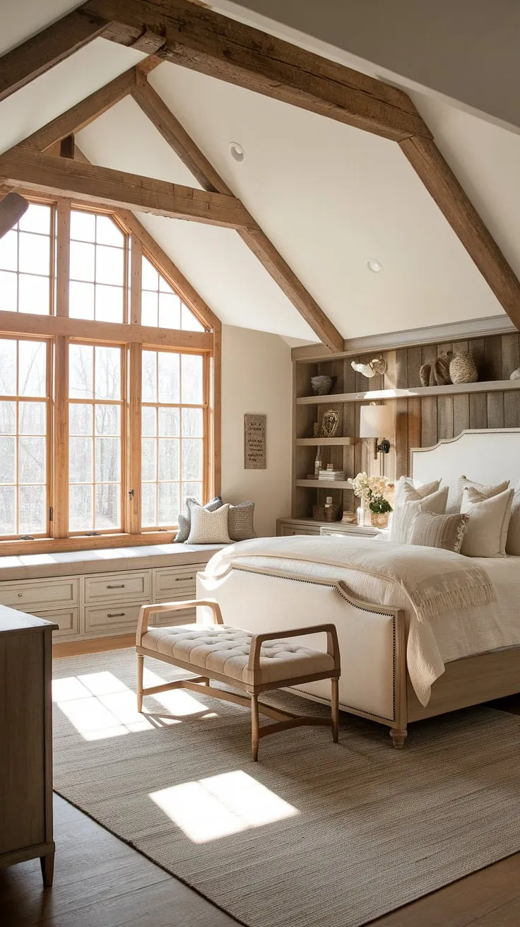 This master bedroom is a sanctuary of calm. The combination of a clean white headboard, rich wood tones, and thoughtful built-in storage creates a space that's both beautiful and practical. Natural light streams in, highlighting the rustic details and making this room the perfect place to unwind and recharge.