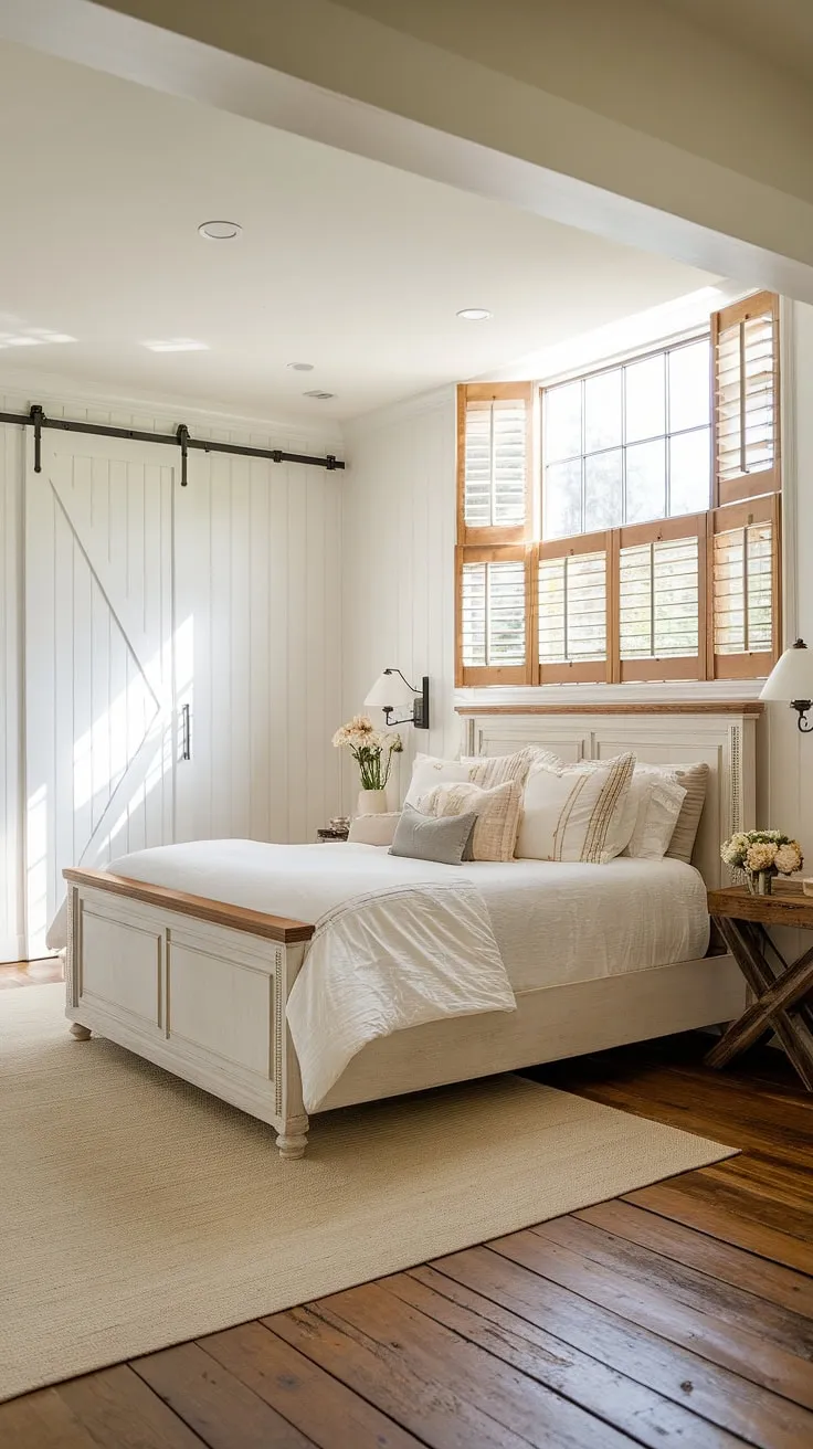 Sunlight streams through the wooden shutters, illuminating the elegant simplicity of this master bedroom. The rustic details, from the wooden headboard to the charming side table, perfectly complement the clean white walls and create a tranquil retreat. A sanctuary of comfort and style.