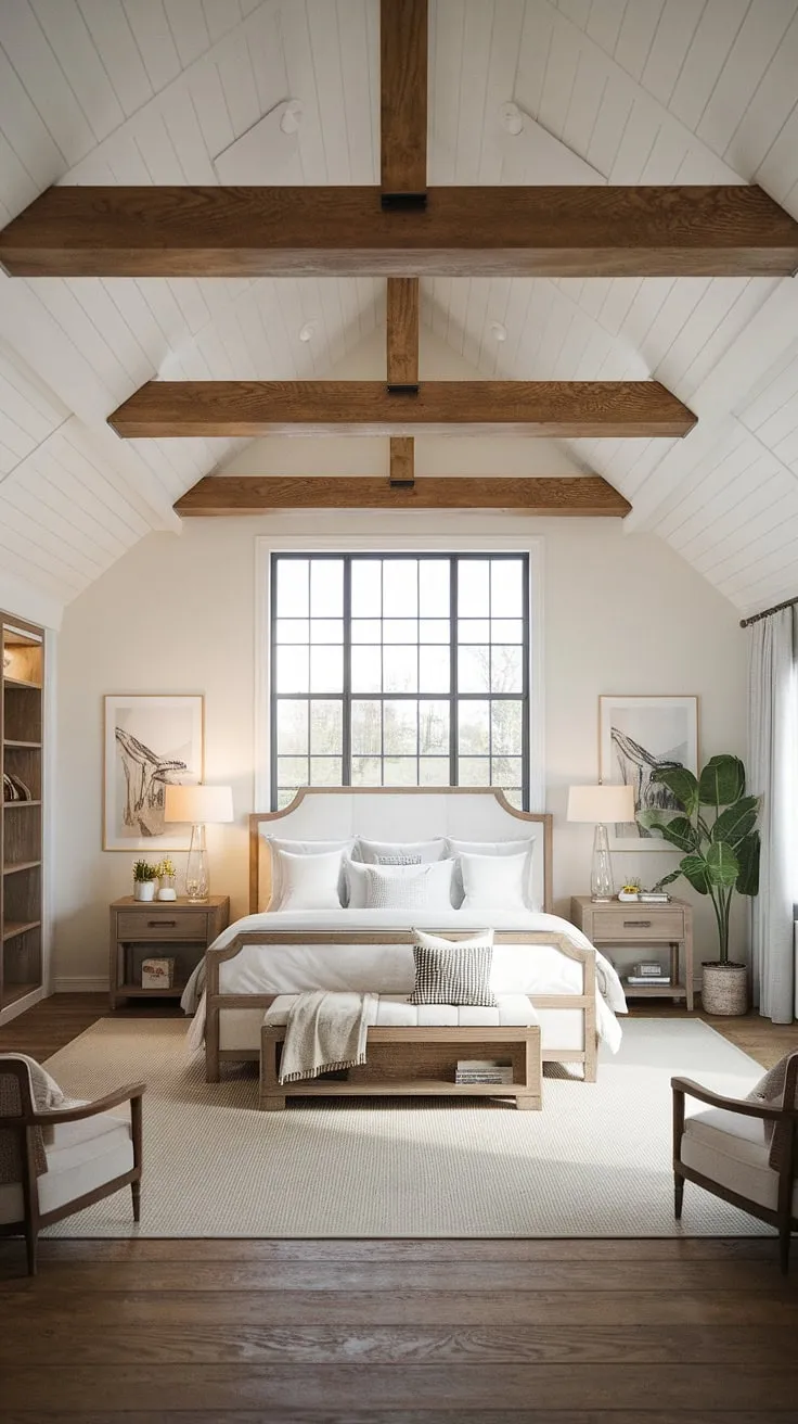 Wake up to the serenity of this modern farmhouse master bedroom. The high ceilings, exposed wooden beams, and rustic bed create a warm and inviting atmosphere, perfectly balanced with clean white walls and a touch of modern elegance. A perfect blend of rustic charm and contemporary comfort.