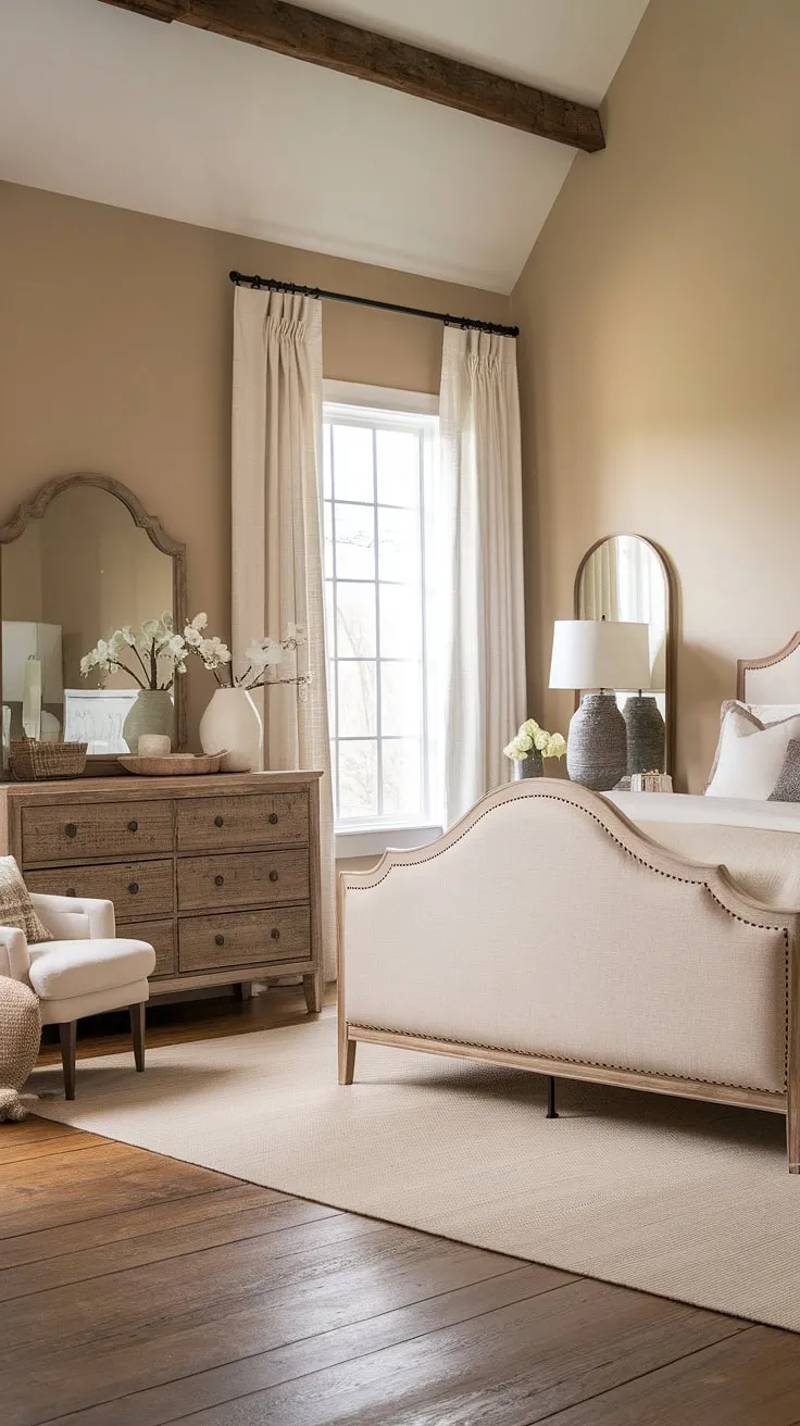 Sunlight streams through the window, illuminating the warm tones of this master bedroom. The blend of modern farmhouse style and rustic details, from the wooden dresser to the beige upholstered headboard, creates a haven of comfort and style. It's the perfect place to unwind and recharge.