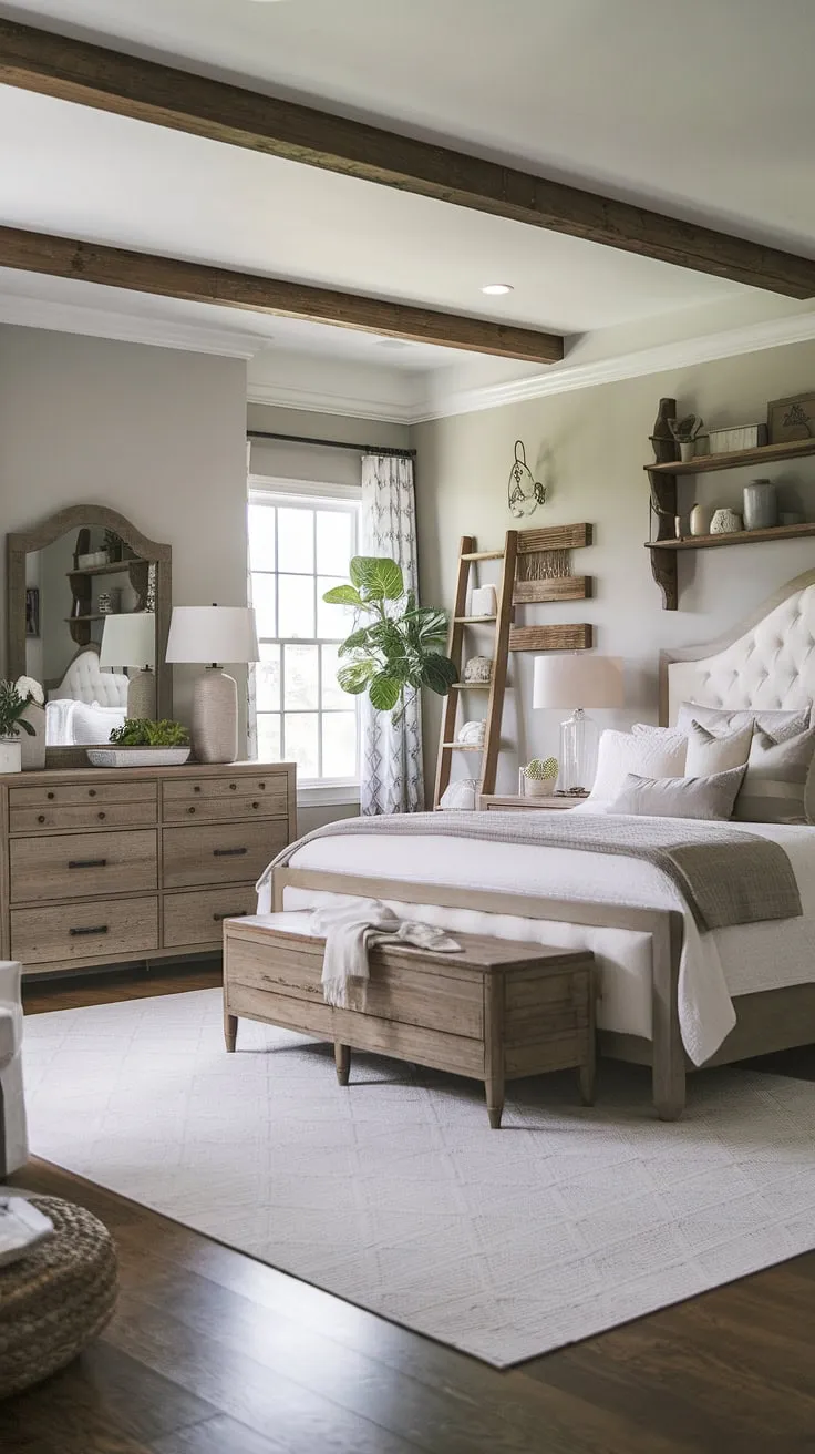 Wake up to the serene charm of this modern farmhouse master bedroom. The rustic wooden elements, from the bed frame to the dresser, blend seamlessly with the light gray walls and white rug, creating a space that's both inviting and sophisticated. A touch of greenery adds a refreshing element to this perfectly balanced retreat.