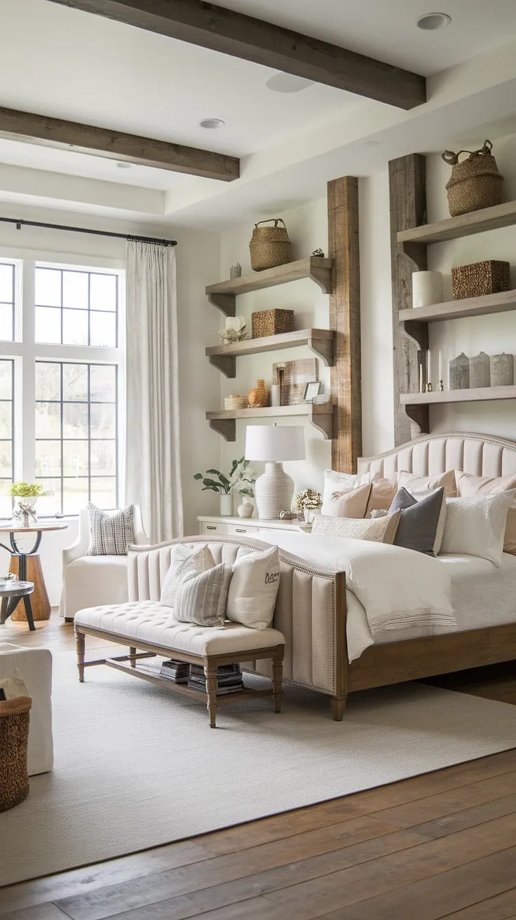 Sunlight streams through the window, illuminating the rich textures and calming atmosphere of this modern farmhouse master bedroom. The rustic wooden accents, paired with the luxurious upholstered headboard, create a space that is both inviting and sophisticated. A haven of peace and tranquility, this bedroom is a true escape.