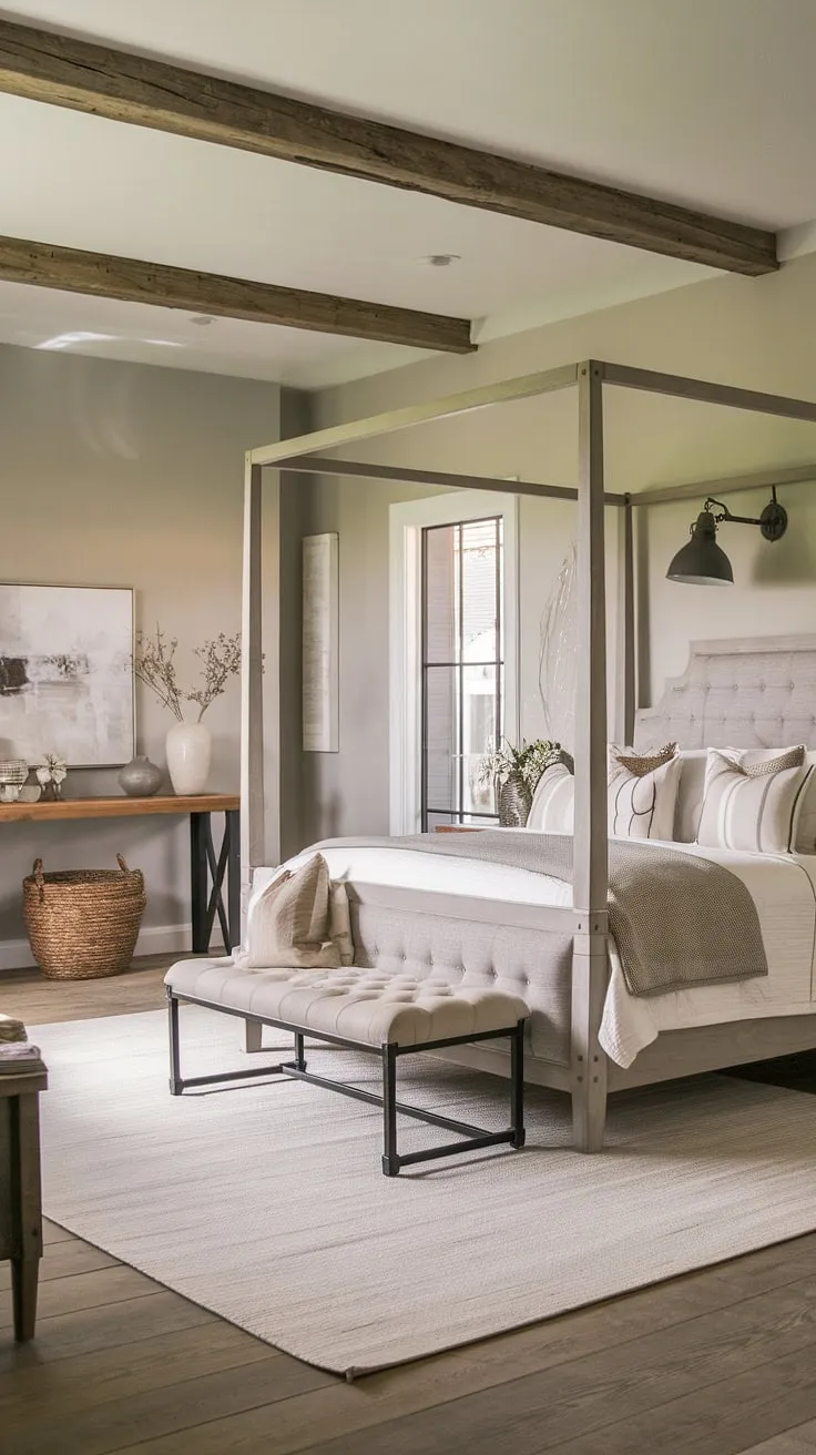 Drift off to sleep in this beautifully appointed master bedroom. The soft grey walls and warm wood tones create a tranquil atmosphere, while the carefully chosen rustic accents add a touch of personality. A sanctuary designed for relaxation and rejuvenation, this space is the epitome of modern farmhouse living.