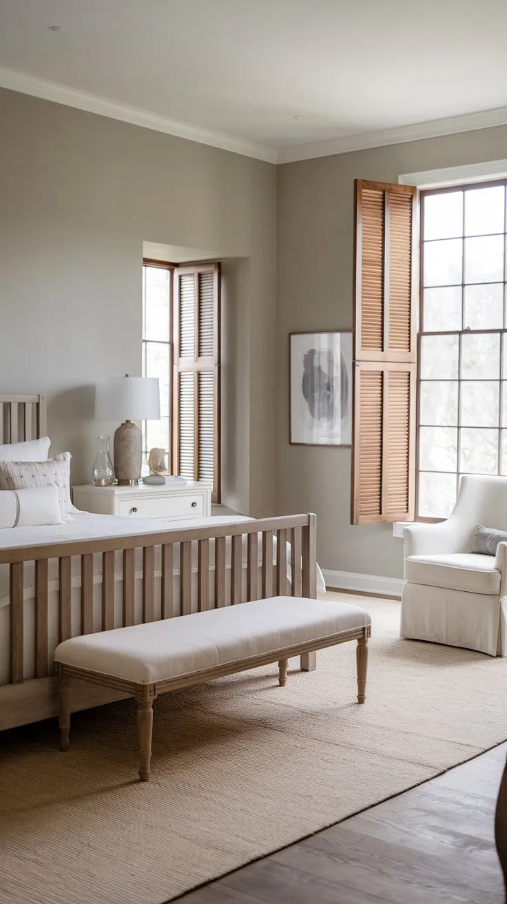 Find your sanctuary in this serene master bedroom. The light gray walls and natural wood accents create a sophisticated yet inviting atmosphere. Every detail, from the farmhouse bed to the white dresser, contributes to the room's calm and elegant ambiance, making it the perfect place to unwind and recharge.