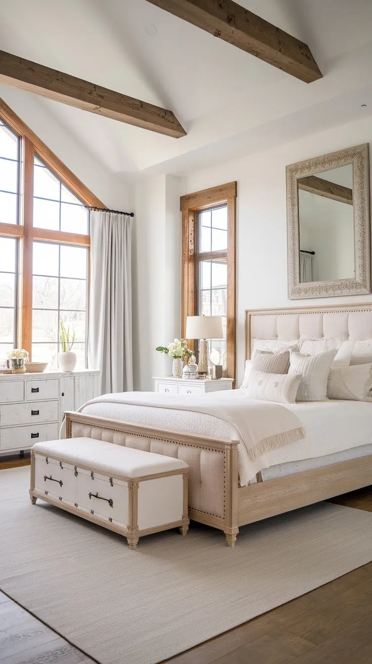 Wake up to the serene beauty of this master bedroom. The rustic modern design, featuring a light wood bed frame and elegant rustic mirror, creates a space that's both calming and sophisticated. Natural light streams in through the large window, highlighting the airy feel and the beautiful wooden beams. A perfect blend of comfort and style.