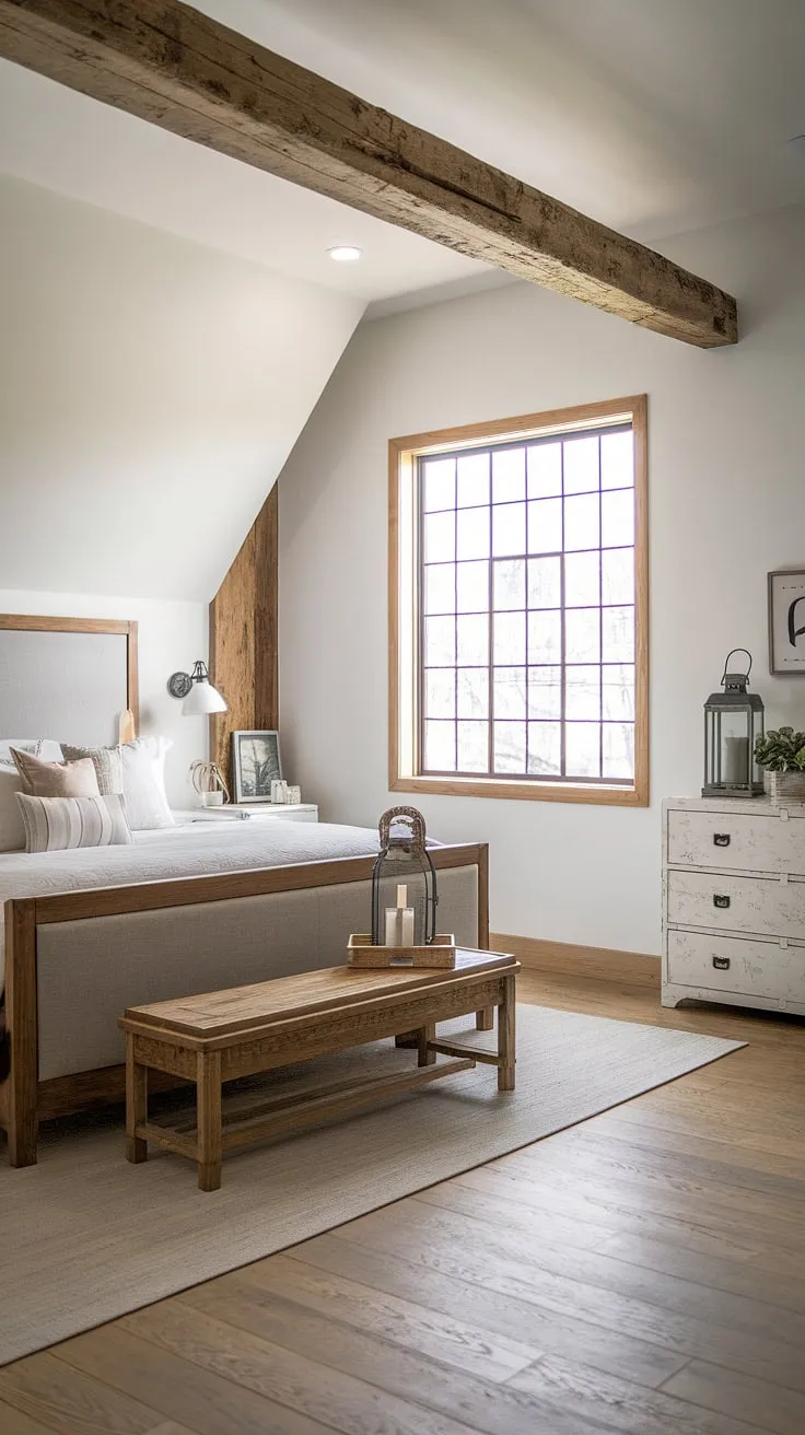 This master bedroom effortlessly blends rustic charm with modern farmhouse style. The exposed wooden beam adds character, while the gray headboard and white dresser maintain a clean, contemporary feel. A tranquil retreat where comfort and style meet.