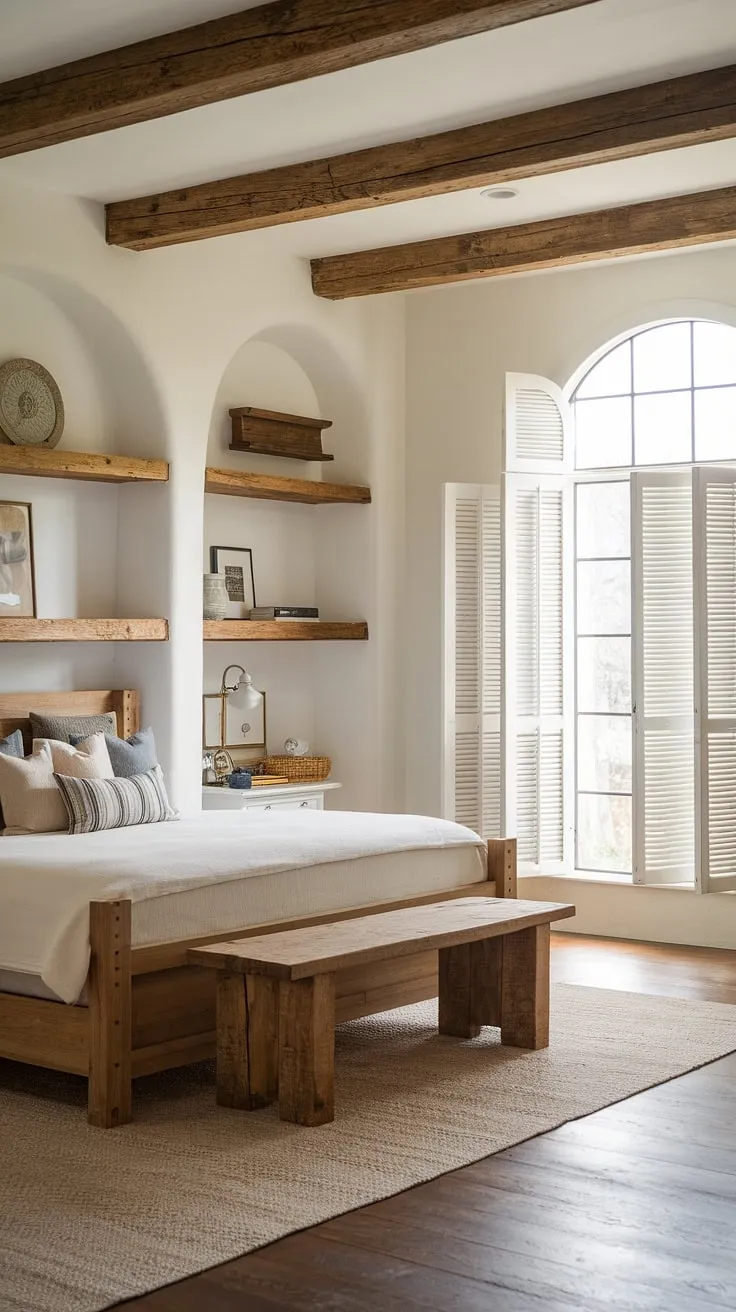 This modern farmhouse master bedroom is a dream come true. The king-size bed, rustic nightstand, and exposed wooden beams create a warm and inviting atmosphere, while the large window and white shutters flood the room with natural light. A truly tranquil escape.