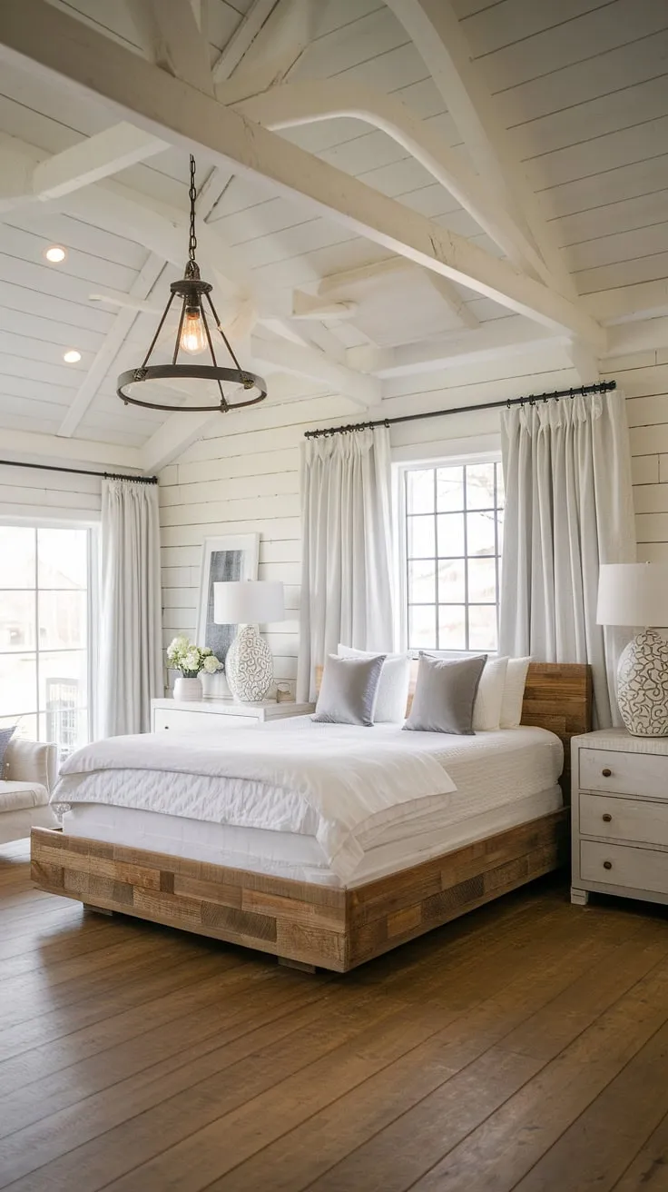 This master bedroom effortlessly blends rustic charm with modern farmhouse style. The exposed wooden beams and warm wood flooring create a cozy atmosphere, while the white walls and bedding maintain a sense of airy spaciousness. A tranquil retreat for restful nights.