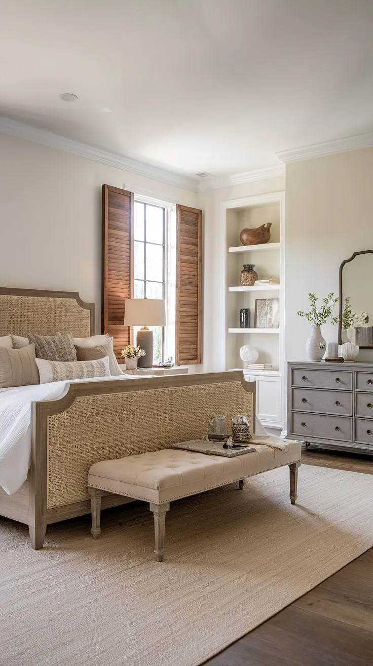 This master bedroom effortlessly blends modern farmhouse style with rustic charm. The neutral color palette, textured headboard, and carefully chosen accessories create a space that is both stylish and incredibly relaxing. A perfect retreat at the end of a long day.