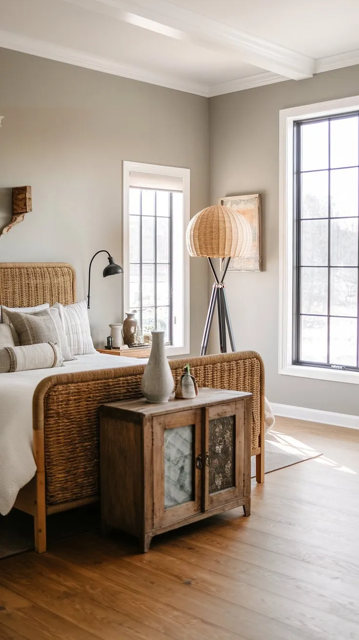 A tranquil retreat awaits. This master bedroom seamlessly blends modern design with rustic accents, creating a space that is both stylish and incredibly inviting. The light-filled room, complete with a comfortable farmhouse bed and thoughtful personal touches, offers a perfect escape from the everyday.