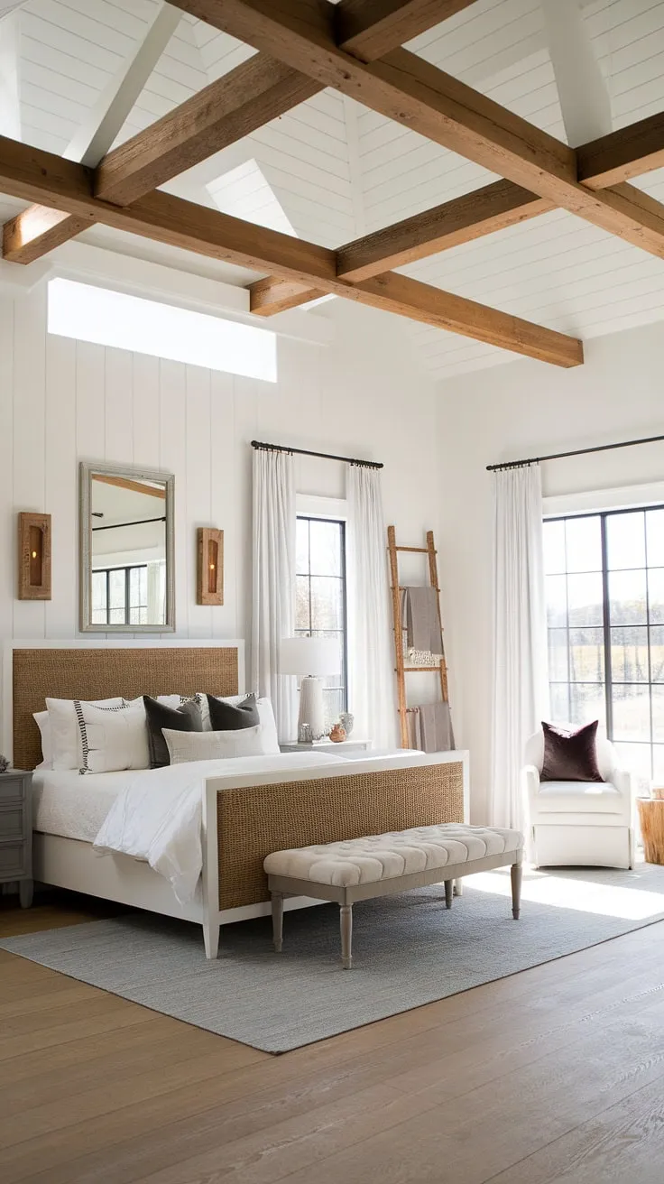 Sunlight streams through the large windows of this modern farmhouse master bedroom, illuminating the rustic wooden beams and elegant white bed. The gray woven headboard adds a touch of texture, while the carefully chosen accents create a space that's both calming and inviting. A perfect blend of rustic charm and modern comfort.