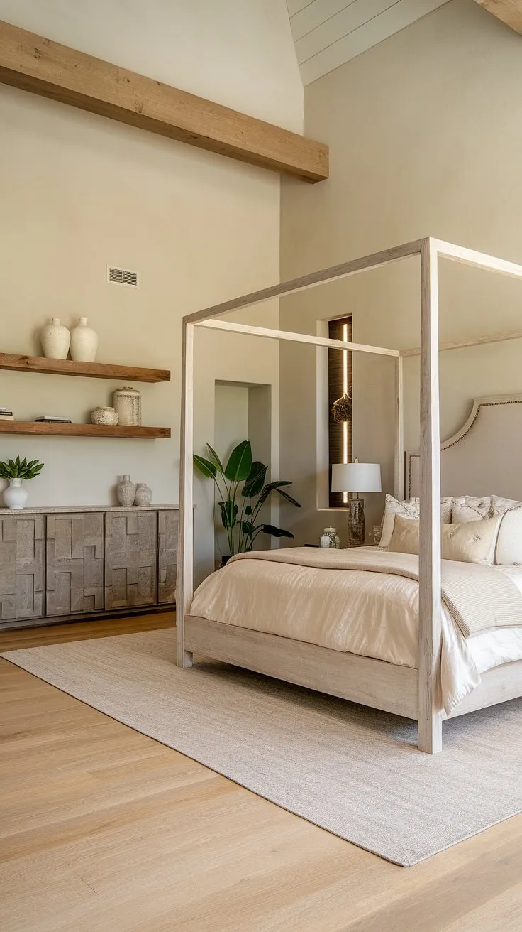 This modern farmhouse bedroom is a sanctuary of calm. The light wood floors and furniture, paired with soft beige walls and thoughtful accents, create a space that feels both spacious and intimate. A true retreat.