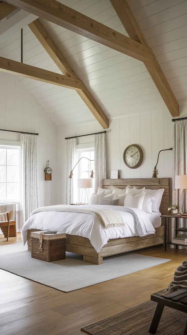 Wake up to the serenity of this modern farmhouse master bedroom. The rustic wooden beams and cozy textures create a space that's both elegant and inviting, a perfect blend of a comfort and style.