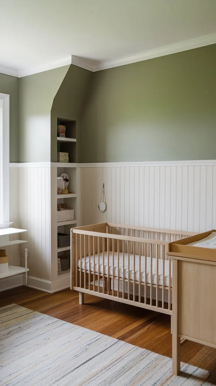 Serene and sophisticated, this master nursery boasts a two-tone grey beige nursery scheme, accented by a sage green nursery wall and elegant wainscoting nursery wall.  The clever crib placement in nursery maximizes space, while the nursery hardwood floor and wooden changing station add warmth.  Note the thoughtful use of alcoves for storage, a hallmark of smart nursery design ideas.  The natural light streaming in from the window completes this idyllic nursery attic space.