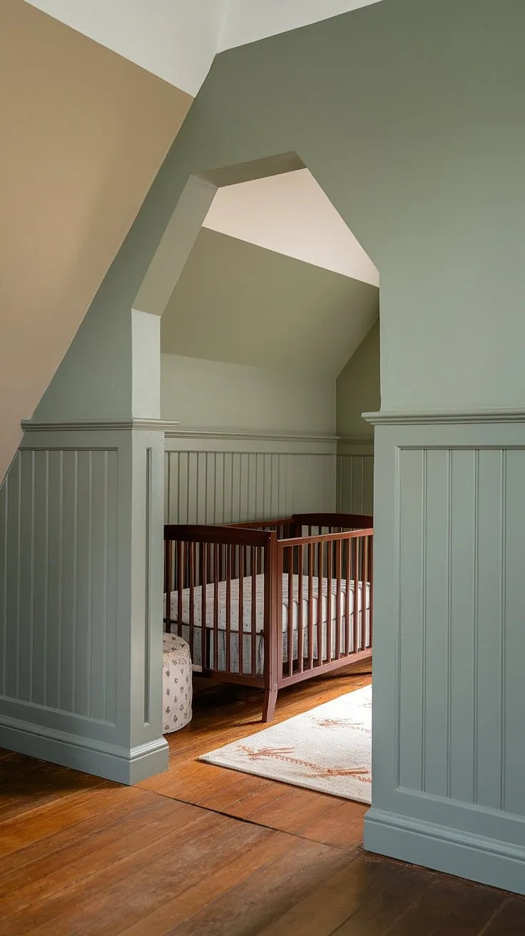 A dreamy nursery with wooden floors and a charming alcove.  This attic space transformation showcases ingenious nursery design ideas, including a two-tone nursery walls in grey and beige, a sage green nursery feature wall with wainscoting, and thoughtful crib placement in nursery. The nursery hardwood floor complements the overall design perfectly, creating a serene master nursery.