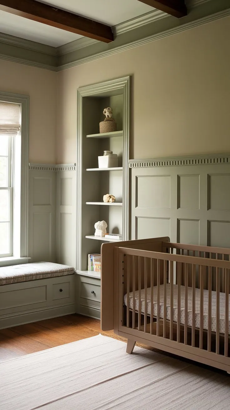 This nursery with alcoves and wooden floors is the epitome of sophisticated nursery design ideas. The two-tone nursery walls, a sophisticated grey beige palette, are beautifully complemented by the sage green nursery above the wainscoting.  Perfect crib placement in nursery maximizes natural light in this charming attic space master nursery.