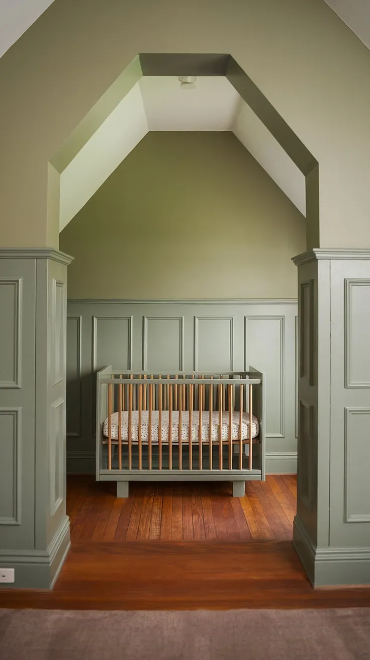 A dreamy nursery attic space transformed!  This sage green nursery features a sophisticated two-tone nursery walls in grey and beige, complemented by a nursery hardwood floor.  Note the thoughtful crib placement in nursery and the wainscoting nursery wall detail.  The alcoves add delightful architectural interest to this stunning nursery with wooden floors, showcasing exceptional nursery design ideas.