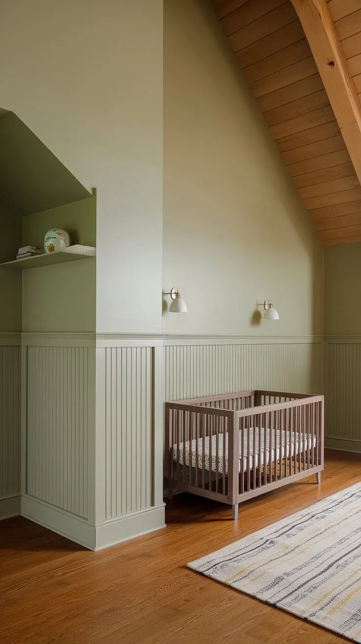 A nursery with alcoves, high ceilings, and exposed wooden beams, this space showcases stunning nursery design ideas. The sage green nursery wall, complemented by the grey beige nursery and wainscoting nursery wall, creates a sophisticated yet serene ambiance.  The nursery hardwood floor adds warmth, and the thoughtful crib placement in nursery near the green wall makes the most of the attic space.  A perfect example of a master nursery with a unique blend of style and functionality.