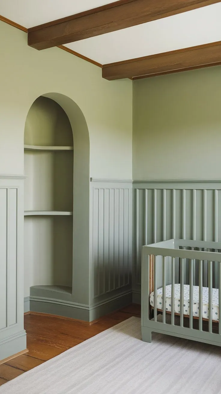 Serene and sophisticated, this master nursery boasts a calming sage green palette, accented by two-tone walls and elegant wainscoting.  The nursery hardwood floor complements the warm wooden beams overhead, creating a cozy attic space perfect for peaceful slumber.  Clever crib placement in the nursery maximizes space, while the alcove provides charming storage.  This nursery design ideas showcase the beauty of a grey beige nursery with thoughtful details.