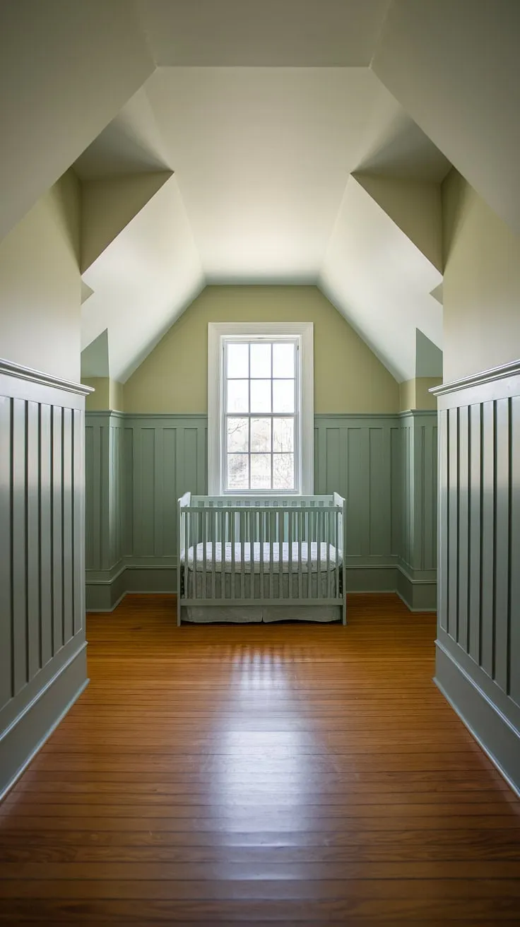 This master nursery, nestled in an attic space, boasts a dreamy sage green palette and clever two-tone nursery walls.  The wainscoting nursery wall adds architectural detail, while the nursery hardwood floor and strategic crib placement in nursery maximize the space.  Note the charming alcoves and grey beige nursery accents – perfect nursery design ideas for a tranquil retreat.