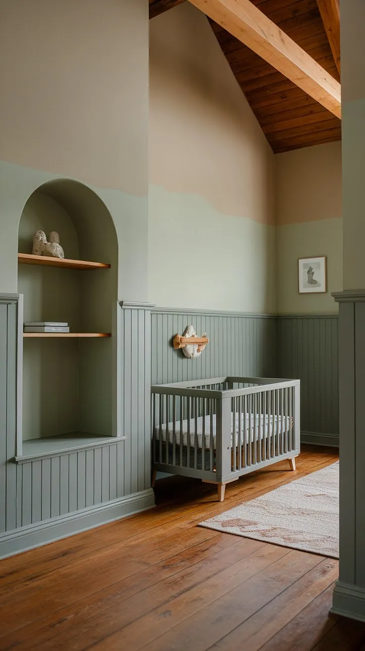 This master nursery's rustic charm is undeniable.  The two-tone nursery walls—grey beige above and sage green below—perfectly complement the wainscoting nursery wall and hardwood floor.  Clever crib placement in the nursery maximizes space, while the alcove adds a touch of whimsy.  A perfect example of nursery design ideas for a cozy attic space.