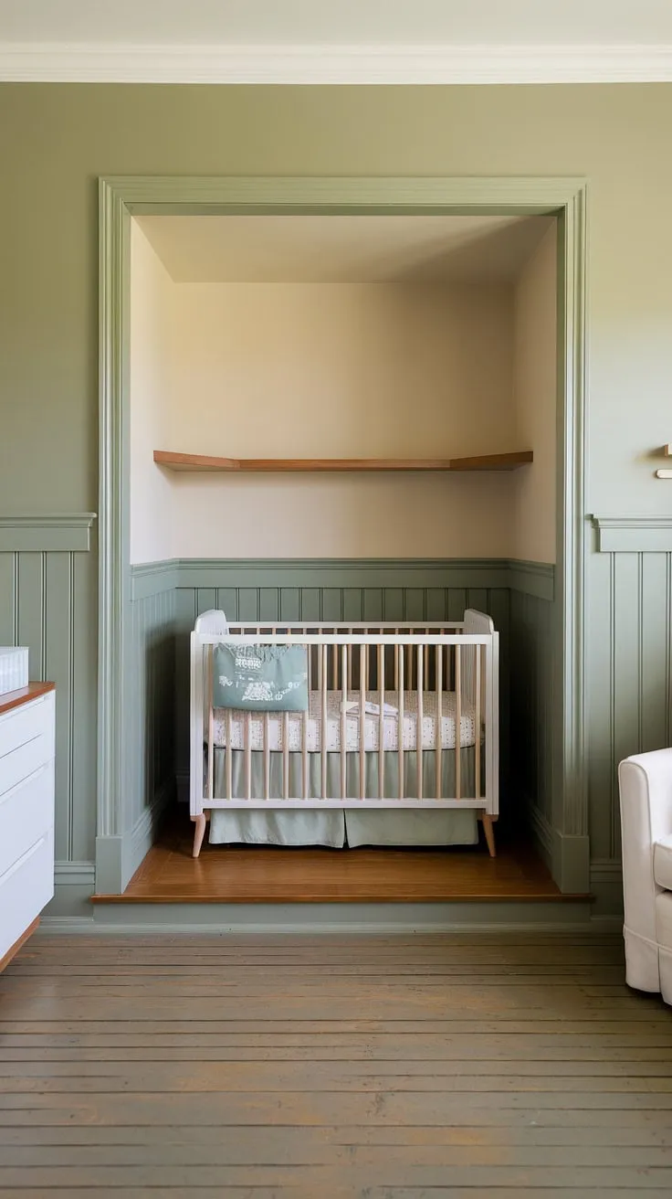 Serene and sophisticated, this master nursery design showcases the perfect blend of modern and traditional elements.  The sage green nursery, accented by wainscoting nursery wall and two-tone nursery walls, creates a calming atmosphere.  Clever crib placement in nursery within the alcove maximizes space, while the grey beige nursery floor and nursery hardwood floor add warmth.  This nursery with alcoves and nursery attic space (if applicable) offers endless nursery design ideas.