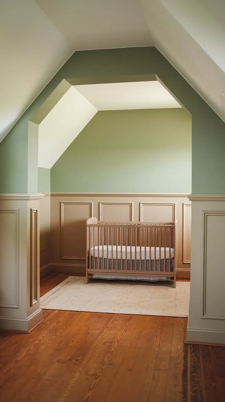 This master nursery's attic space boasts stunning two-tone nursery wallsâ€”a calming sage green paired with a warm grey beigeâ€”showcasing clever crib placement in nursery design ideas.  The wainscoting nursery wall adds character, while the nursery hardwood floor and charming alcoves complete this unique and functional nursery with wooden floors.