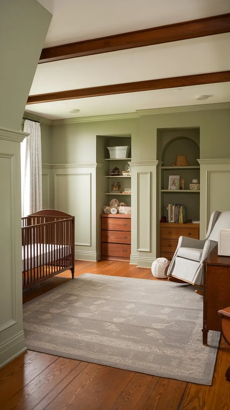 This master nursery's sage green walls, accented with wainscoting and a subtle two-tone effect, create a calming atmosphere.  The nursery hardwood floor, warmed by a grey beige rug, complements the wooden beams and attic space accessed by a charming ladder.  Clever crib placement near the window maximizes natural light, while alcoves cleverly house storage and a cozy rocking chair.  This nursery design showcases the perfect blend of style and functionality.