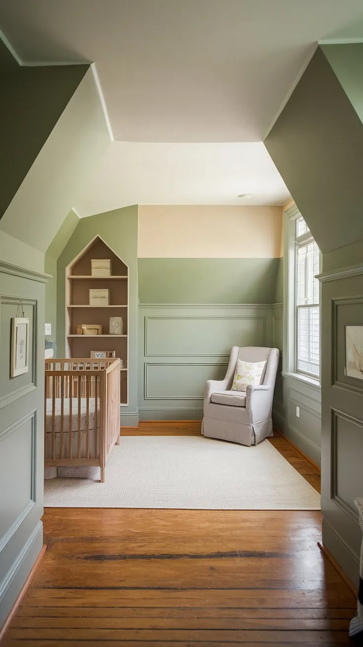 This master nursery, nestled in an attic space, boasts a serene sage green and grey-beige two-tone nursery walls, complemented by elegant wainscoting nursery wall.  The clever crib placement in nursery maximizes space, while the hardwood floor and built-in alcoves provide ample storage.  A cozy reading nook near the window completes this dreamy nursery design ideas, showcasing the perfect blend of style and functionality in a nursery with wooden floors and nursery with alcoves.
