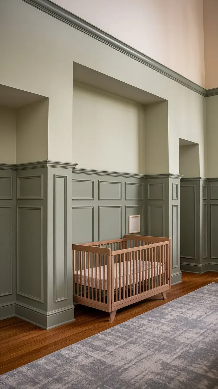 This nursery attic space is transformed into a haven of calm with a sage green nursery design.  Note the thoughtful crib placement near the wainscoting nursery wall, highlighting the beautiful two-tone nursery walls and nursery hardwood floor.  The alcoves add architectural interest to this grey-beige nursery, offering endless nursery design ideas for a sophisticated and spacious master nursery with wooden floors.