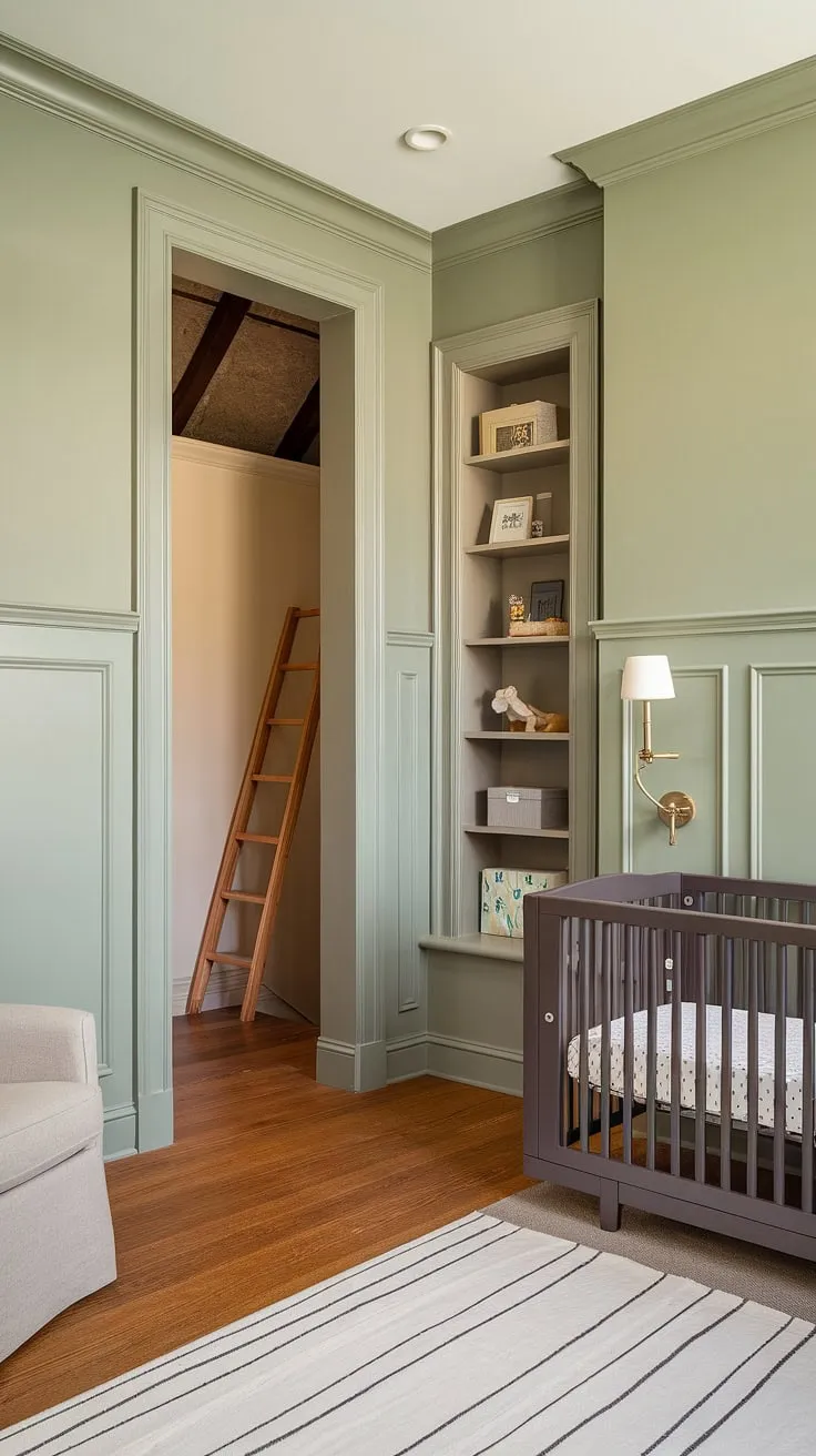 This master nursery's sage green walls and wainscoting create a serene backdrop, complemented by the two-tone grey beige walls and nursery hardwood floor.  Clever crib placement in nursery maximizes space, while alcoves offer practical storage.  The attic space, accessed by a charming wooden ladder, adds a touch of whimsy to this sophisticated nursery design ideas.