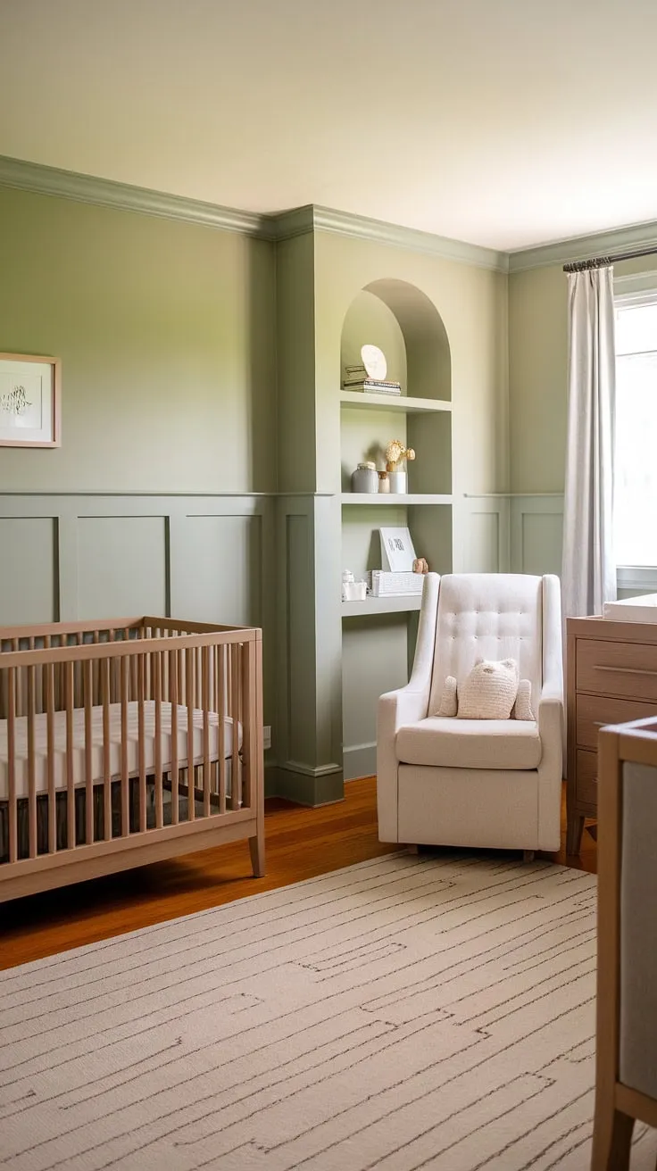 Dreamy sage green hues and a sophisticated two-tone nursery wall create a serene master nursery, perfectly complemented by the warm glow of the nursery hardwood floor.  Clever crib placement in nursery maximizes space, while the wainscoting nursery wall adds a touch of timeless elegance.  The built-in alcoves and grey beige accents complete this stunning nursery design ideas, showcasing how to transform even an attic space into a luxurious nursery with wooden floors.
