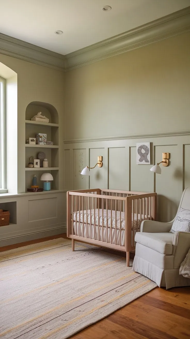 Serene and sophisticated, this master nursery boasts a calming sage green and grey beige two-tone palette, complemented by warm nursery hardwood floors and charming wainscoting nursery wall.  The clever crib placement in nursery maximizes space, while the alcove window bathes the room in natural light.  Perfect nursery design ideas for a tranquil retreat.  Note the thoughtful use of attic space.