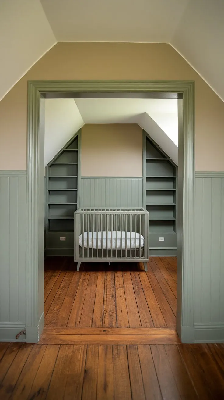 Dreamy attic nursery design ideas come to life in this sage green haven.  The two-tone grey beige nursery walls, complemented by wainscoting nursery wall and a nursery hardwood floor, create a sophisticated yet calming atmosphere.  Clever crib placement in nursery maximizes space, while the built-in alcoves offer practical storage. This master nursery showcases the perfect blend of style and functionality, proving that even a nursery attic space can be transformed into a beautiful and serene retreat.