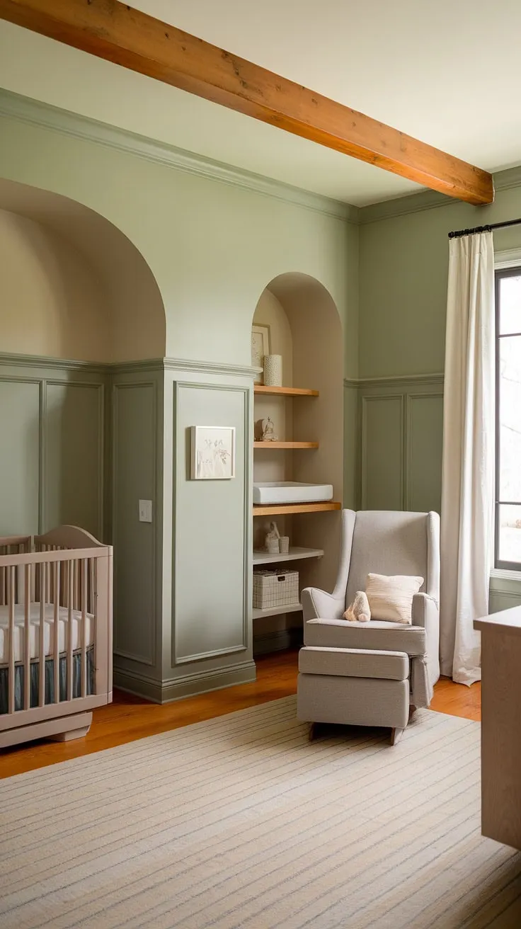 Serene and sophisticated, this master nursery boasts a calming sage green palette, complemented by grey and beige striped walls and rich nursery hardwood floors.  The clever use of alcoves, one housing a crib perfectly placed for peaceful nights, and the other a changing station, maximizes space and creates a functional yet stylish nursery design. Wainscoting nursery wall adds a touch of timeless elegance to this nursery with alcoves, while the wooden beam ceiling hints at the charming nursery attic space.