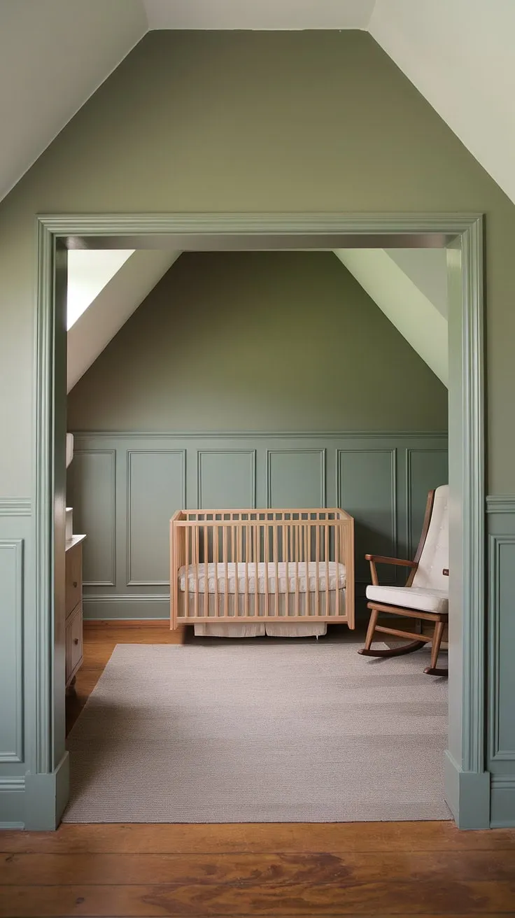 Serene and sophisticated, this master nursery in an attic space boasts a dreamy sage green and grey beige palette.  The two-tone nursery walls, featuring elegant wainscoting, add architectural interest, while the nursery hardwood floor and thoughtful crib placement in nursery create a warm and inviting atmosphere.  Clever use of alcoves maximizes space, offering inspiration for nursery design ideas.