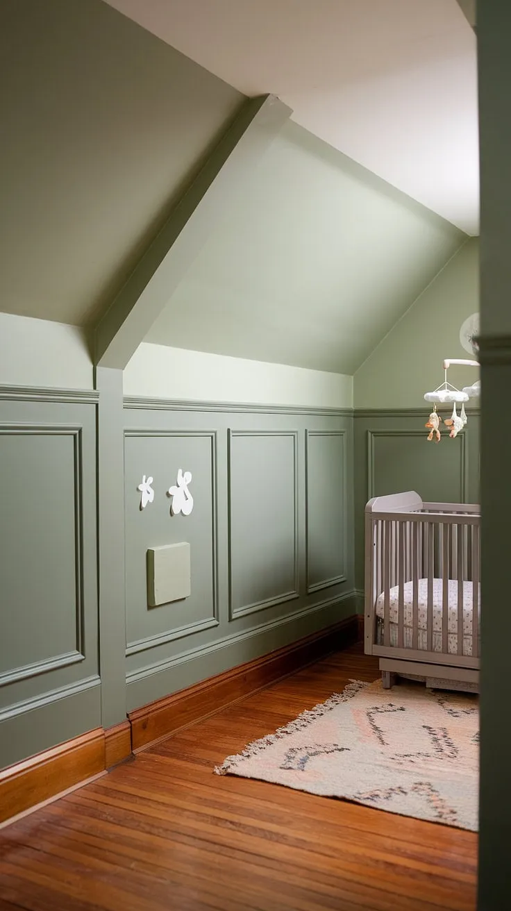 Dreamy sage green nursery design featuring a two-tone wall with wainscoting, showcasing clever crib placement near the alcove.  The hardwood floor and attic space add unique character to this master nursery, offering inspiration for your own nursery design ideas.  A perfect blend of grey beige tones completes this sophisticated nursery with wooden floors.