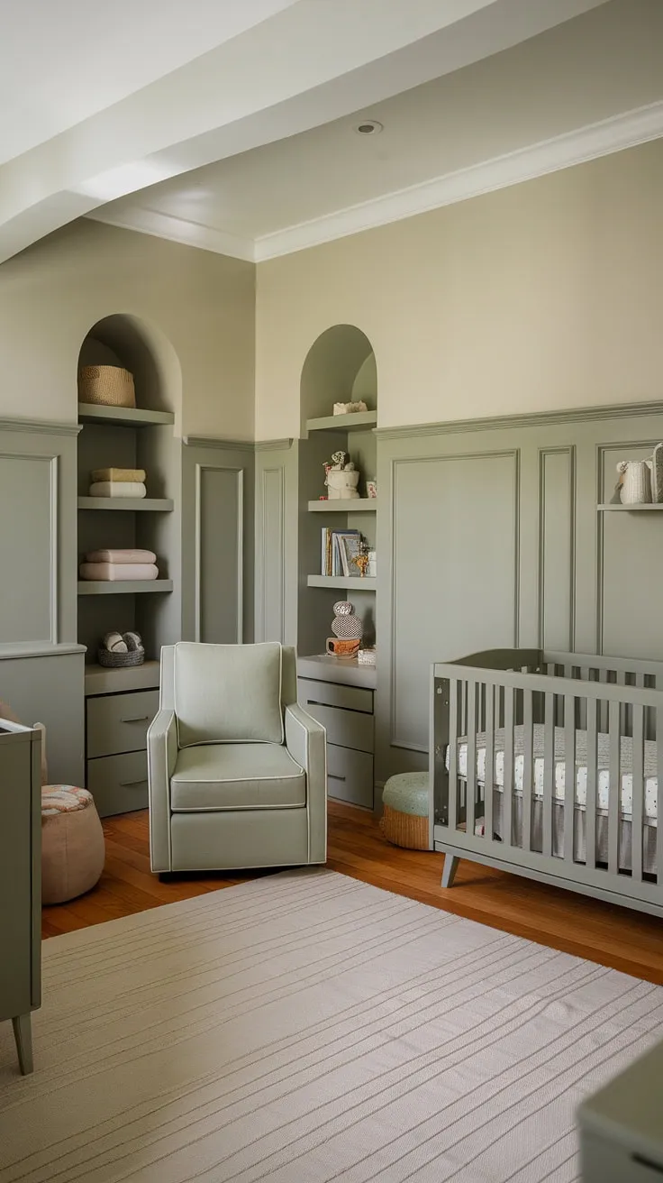 Serene and sophisticated, this master nursery boasts a calming sage green hue, accented by two-tone nursery walls and elegant wainscoting nursery wall.  The nursery hardwood floor complements the grey beige nursery palette, while clever alcoves maximize storage in this charming nursery attic space.  Note the thoughtful crib placement in nursery, perfectly positioned near the dresser and comfortable chair.  Plenty of nursery design ideas to inspire your own haven.
