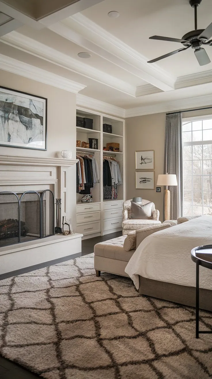 Indulge in the ultimate relaxation of this dream master suite fireplace bedroom. The bedroom sitting area, complete with a cozy chaise lounge, complements the stunning bedroom layout and fireplace perfectly.