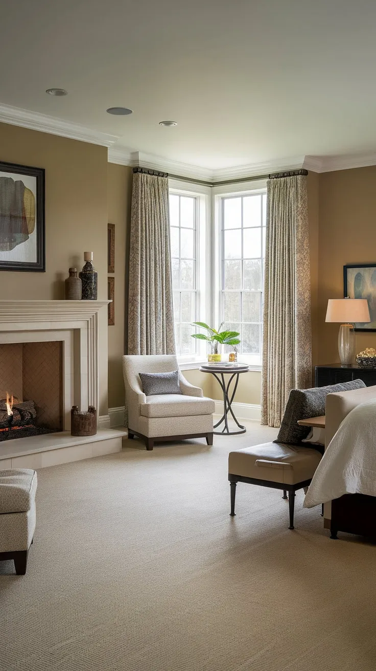 This master suite bedroom boasts a stunning fireplace, creating a warm and inviting ambiance. The bedroom with sitting area offers a flexible bedroom layout, perfect for both relaxation and entertaining. The bedroom seating area provides a comfortable space to unwind, complemented by the elegant decor and natural light.
